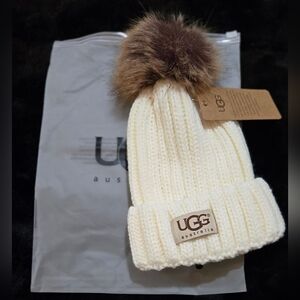 Cream Knit Beanie with Brown Pom